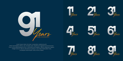 anniversary logotype vector design set with orange handwriting, silver color can be use for special day