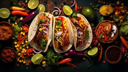 Three Mexican tacos adorned with fresh vegetable garnishes and vibrant colors, inviting and appetizing