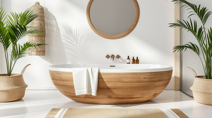 Natural ECO style bathroom interior with lots of wood finishes, light colors and green plants.