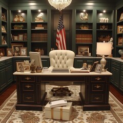 A classic and sophisticated home office setup showcasing a large desk, a leather chair, and an American flag amidst luxurious shelving