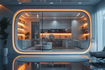 Fototapeta premium This luxurious living space boasts a modern futuristic design with unique furniture and high tech elements, evoking a sense of comfort and innovation