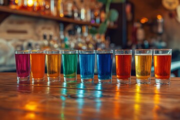 Row of colorful shot glasses on a bar, concept of variety and celebration in nightlife - obrazy, fototapety, plakaty