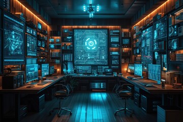 Intricate view of a high-tech cyber security operations center with multiple screens and a central hologram - obrazy, fototapety, plakaty