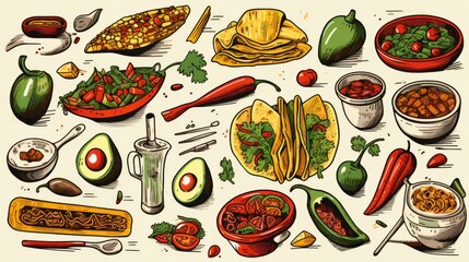 The illustration features a vibrant display of Mexican food favorites, including tacos and...