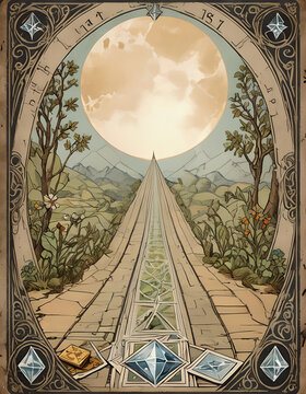 Hintergr&uuml;nde Vorlagen f&uuml;r magische Tarot Karten Decks mit mystischen Symbolen Edelsteinen Sternen und Astrologischen Zeichen in alt gestaltet, Illustration Jugendstil altes Pergament Papier Wahrsager 