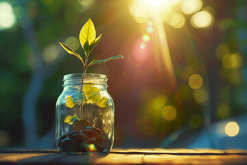 Growth Fortune, A Coin-Filled Jar Sprouting Life - obrazy, fototapety, plakaty