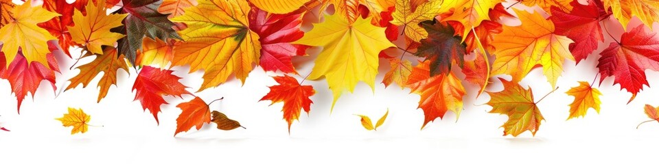 Colorful Autumn Leaves Border. Isolated Design Element with Vibrant Colors and White Background