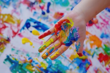 Colorful Finger Paint Mosaic Art: Child's Hand Drawing Palms on White Sheet with Paints and Creating a Beautiful Mess