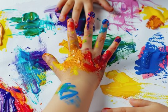 Colorful Finger Paint Mosaic: Child's Hand Drawing in Colorful Maze with Finger Paints on White Sheets