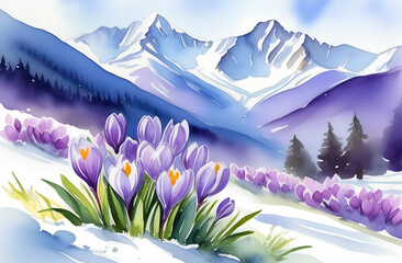 A spring landscape against the background of snow-white mountains, forest, clearings, melting snow...