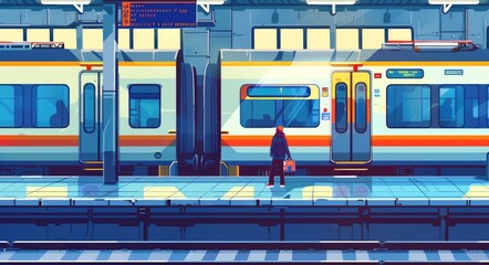 Commuter Train - Passengers Waiting at Railroad Station Platform with Door Open, Window Views and Pedestrians on Wide Platform
