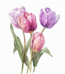 Watercolor bouquet of tulips on white