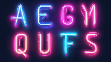 Illuminated neon letters shine brightly with cool blue and pink accents, making a statement of modern sophistication - obrazy, fototapety, plakaty