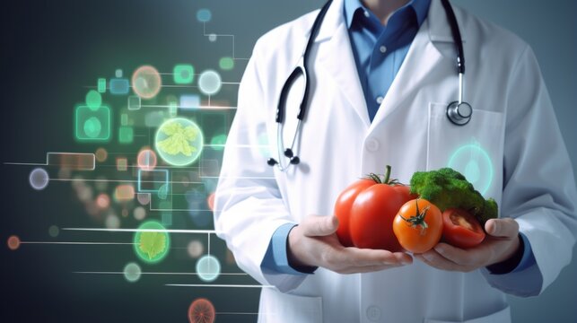 In a white lab coat, a scientist showcases vibrant organic tomatoes and broccoli, flanked by floating digital health-related icons - Powered by Adobe