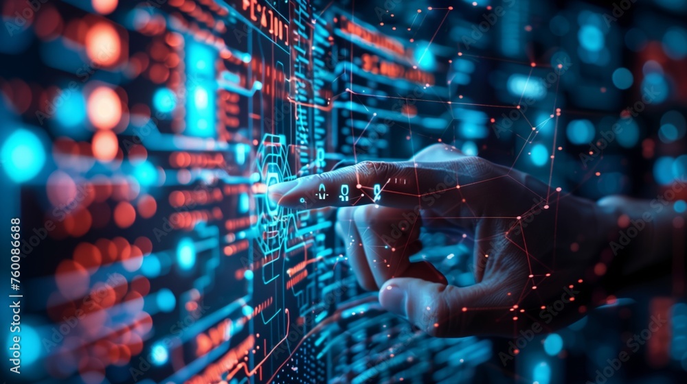 Poster hand touching computer screen with data