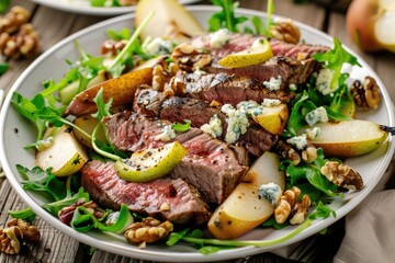 Delicious Grilled Beef Steak Salad with Pears, Walnuts, Greens, and Blue Cheese Sauce - A Healthy and Wholesome Meal Option