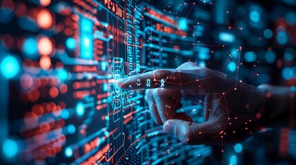 Hand Touching Computer Screen With Data