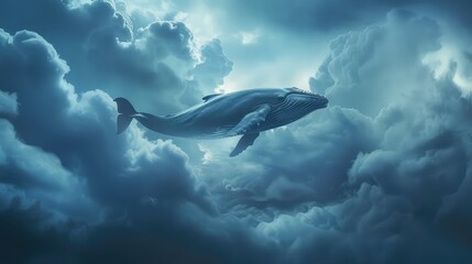Surrealistic photo of a whale floating in the sky. AI generated.