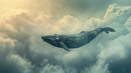 Whale in the sky on a cloudscape background. AI generated.