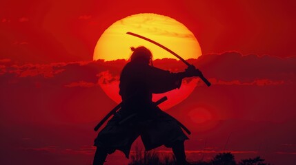 Samurai training silhouette with a katana on a sunset background. AI generated.