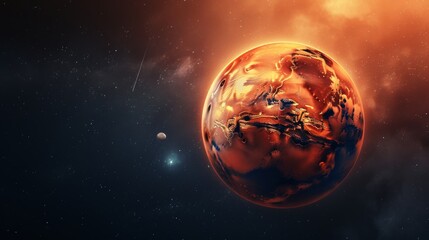 A vibrant orange planet with detailed designs floats in space, surrounded by cosmic elements