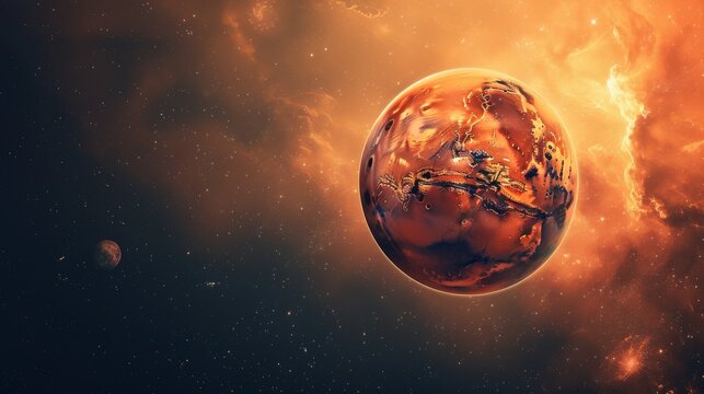 The image brings a stunning close-up of a planetary body against a thunderous space inferno backdrop