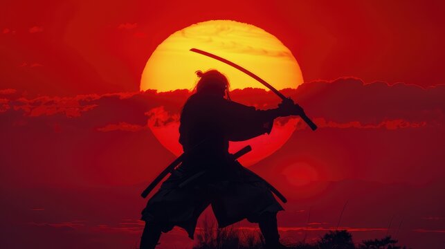 Samurai training silhouette with a katana on a sunset background. AI generated.