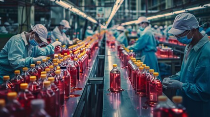 Naklejka premium Factory Filled With Bottles of Liquid