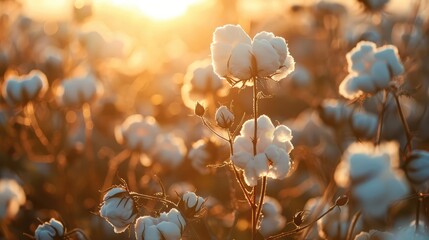 Fluffy cotton on a beautiful sunset background. AI generated. - obrazy, fototapety, plakaty