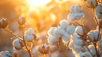 Cotton fields on a beautiful sunset background. AI generated. - obrazy, fototapety, plakaty