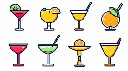 A diverse collection of cocktail glasses vector icons, each with unique designs and garnishes