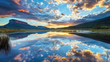 Beautiful mirror lake in the wild nature. AI generated. - obrazy, fototapety, plakaty