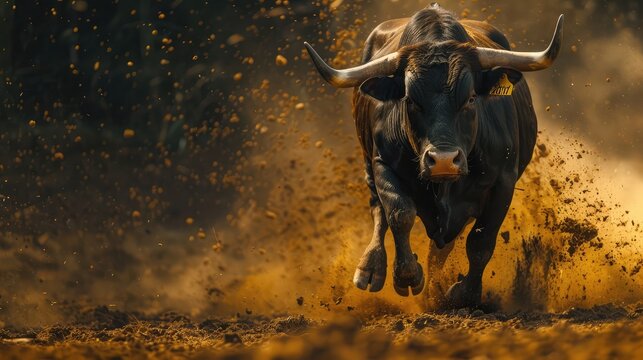 Photo of ferocious running bull. AI generated.