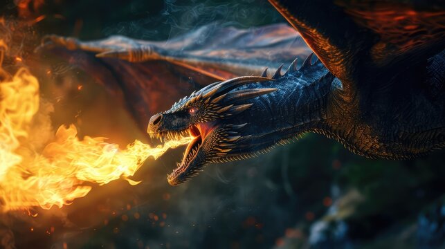 A fire breathing dragon with sharp teeth. AI generated.