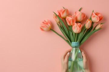 Vibrant orange tulips arranged in a clear glass vase held by hands, set against a soft pink background. Concept of spring, freshness, and floral decor