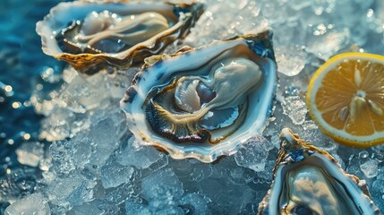 Freshness oysters on the ice. AI generated.