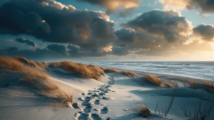 Footprints on the sand near the beautiful sea. AI generated. - obrazy, fototapety, plakaty
