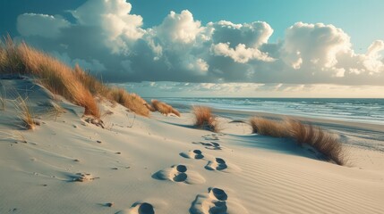 Footprints on coast sand on a beautiful sea background. AI generated. - obrazy, fototapety, plakaty