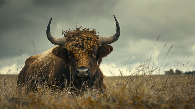 Photo of a hairy cow with horns. AI generated.