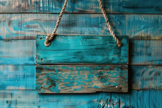 Blank Antique Wood Sign Hanging Against Teal Blue Wooden Background for Welcome Announcement