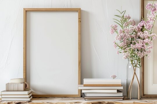 Blank White Vertical Frame with Vintage Book Stack and Flowers on a Wooden Interior Wall. 11x14 Minimalist Thin Wooden Frame Mockup for Pictures and Art