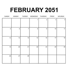 february 2051. monthly calendar design. week starts on sunday. printable, simple, and clean vector design isolated on white background.