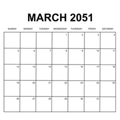 march 2051. monthly calendar design. week starts on sunday. printable, simple, and clean vector design isolated on white background.