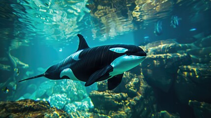 Photo of beautiful orca swimming underwater. AI generated.