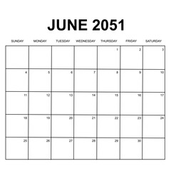 june 2051. monthly calendar design. week starts on sunday. printable, simple, and clean vector design isolated on white background.