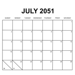 july 2051. monthly calendar design. week starts on sunday. printable, simple, and clean vector design isolated on white background.