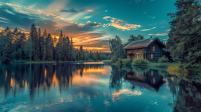 The serene beauty of a lakeside sunset, with the sky painted in hues of blue, orange, and pink. A Scandinavian wooden house, surrounded  