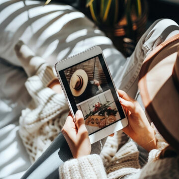 Download this cozy photo of a tablet within hands displaying a fashionable hat and floral decor