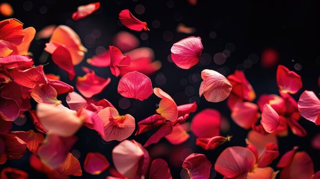 Beautiful flower petals floating on a dark background. AI generated.