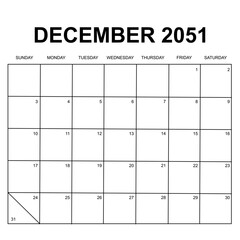 december 2051. monthly calendar design. week starts on sunday. printable, simple, and clean vector design isolated on white background.